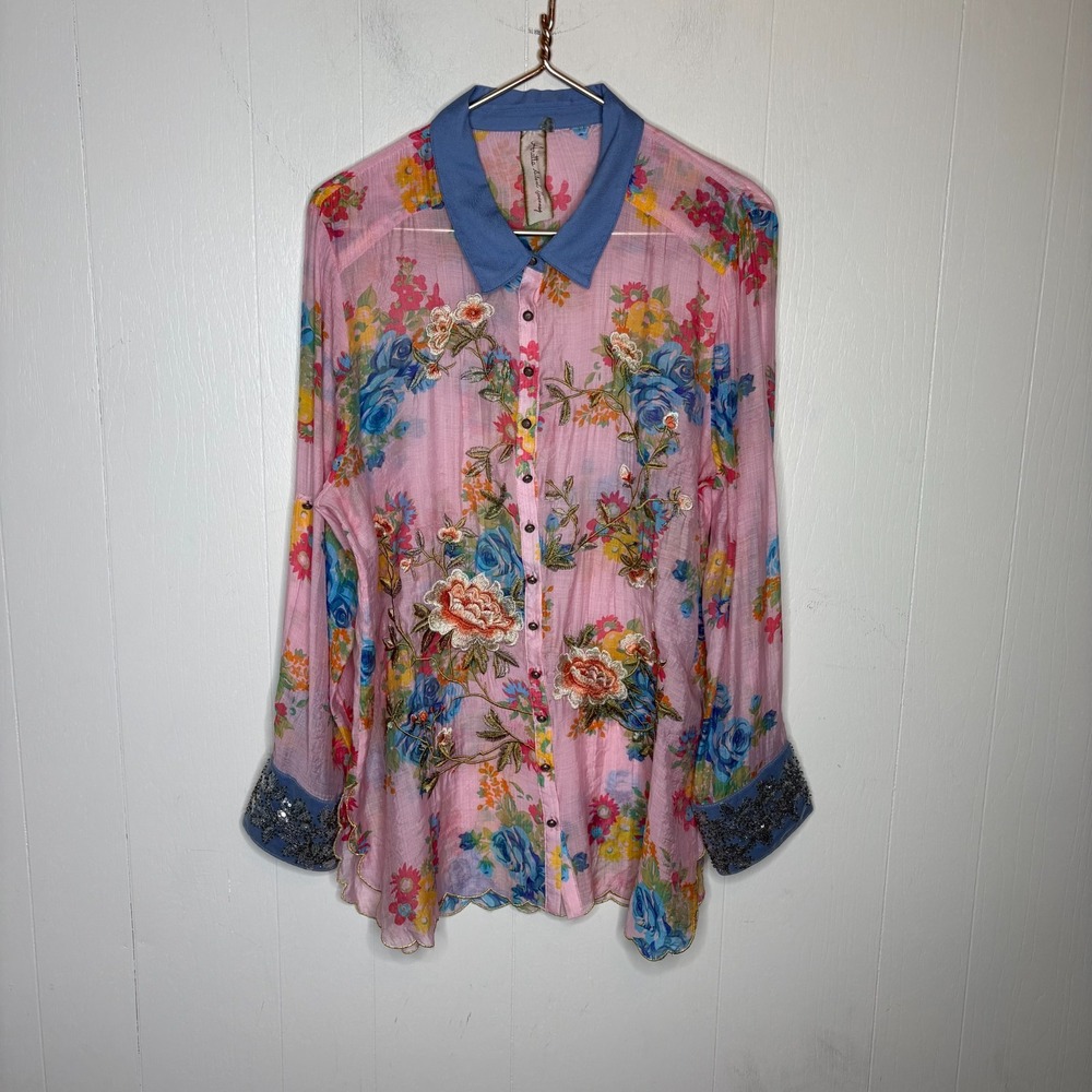 Aratta Silent Journey Shirt XL Pink Floral Embroidery Sequin Cuffs Feminine Boho
